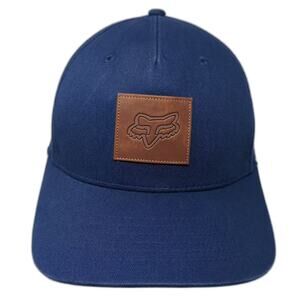 Fox Baseball Cap Blue Brown Leather Patch M Flexfit Patterned Underbrim Hat